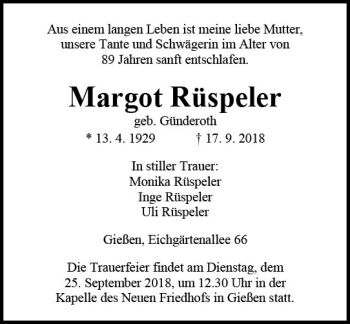 Traueranzeige von Margot Rüspeler von  Gießener Anzeiger