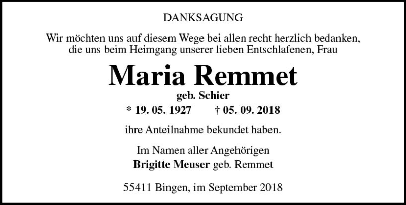  Traueranzeige für Maria Remmet vom 29.09.2018 aus vrm-trauer