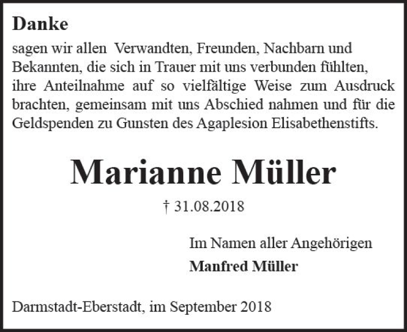  Traueranzeige für Marianne Müller vom 29.09.2018 aus vrm-trauer