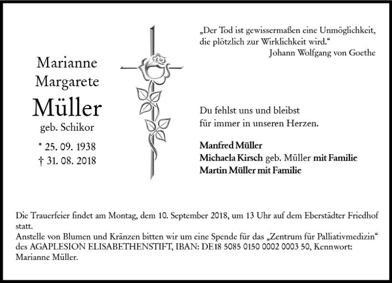  Traueranzeige für Marianne Margarete Müller vom 05.09.2018 aus vrm-trauer