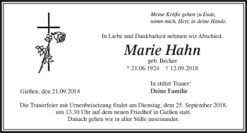 Traueranzeige von Marie Hahn von  Gießener Anzeiger