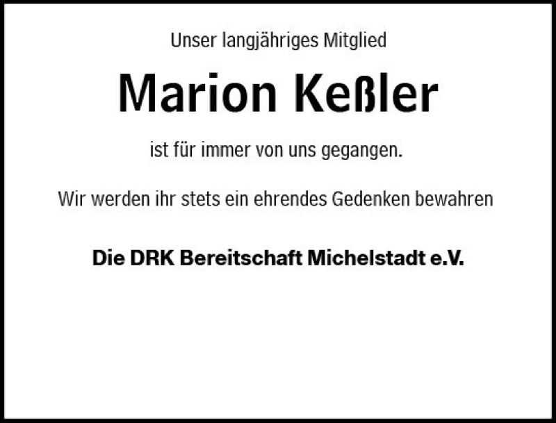  Traueranzeige für Marion Keßler vom 12.09.2018 aus vrm-trauer