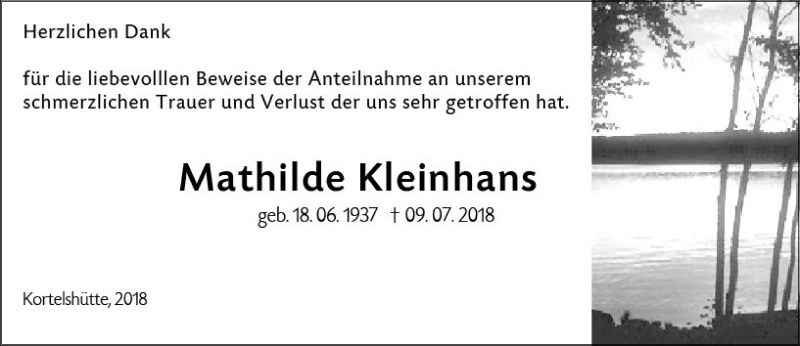  Traueranzeige für Mathilde Kleinhans vom 13.09.2018 aus vrm-trauer