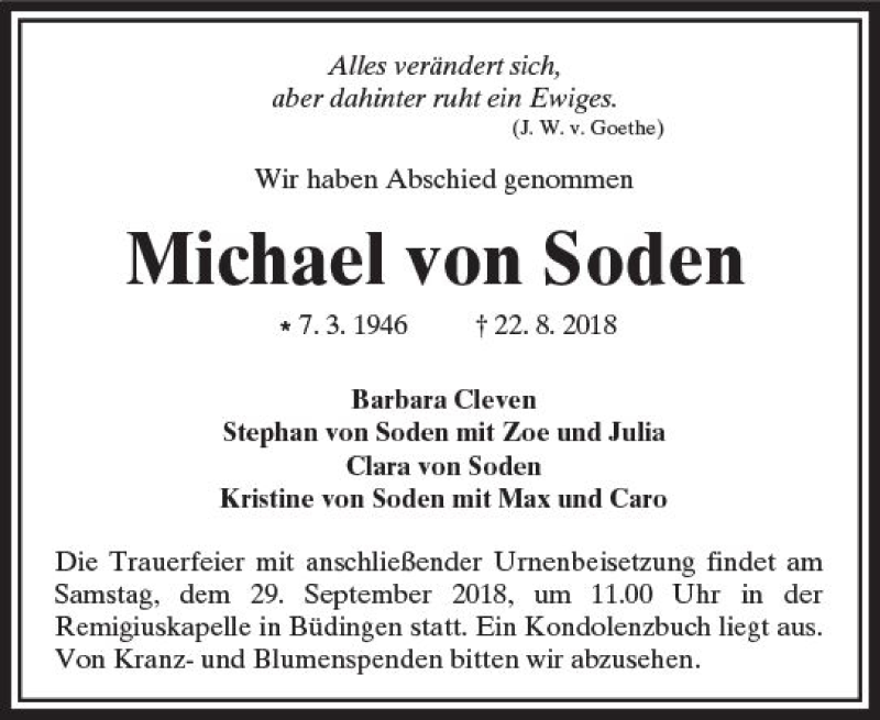  Traueranzeige für Michael  von Soden vom 08.09.2018 aus  Kreisanzeiger