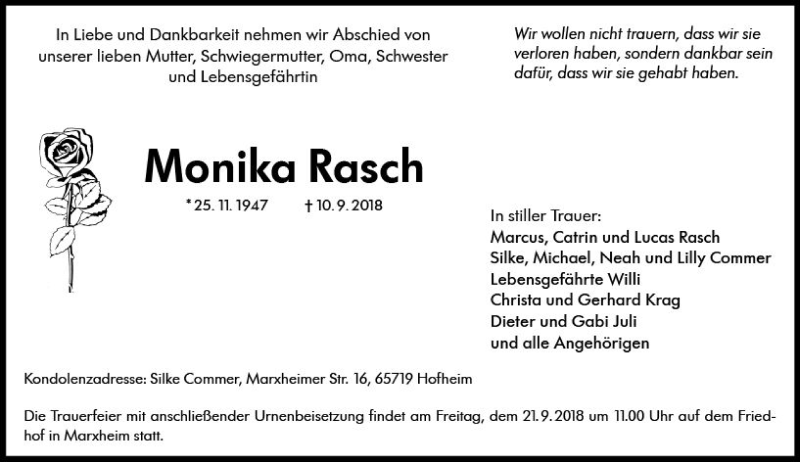  Traueranzeige für Monika Rasch vom 14.09.2018 aus vrm-trauer