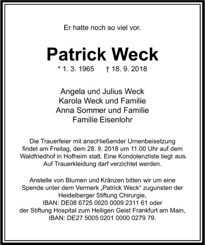  Traueranzeige für Patrick Weck vom 25.09.2018 aus vrm-trauer