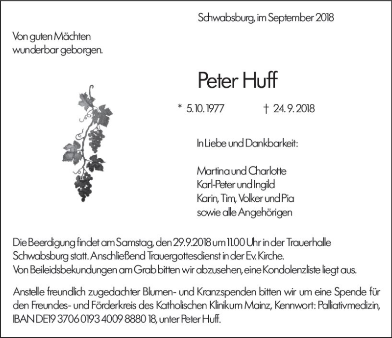  Traueranzeige für Peter Huff vom 27.09.2018 aus vrm-trauer