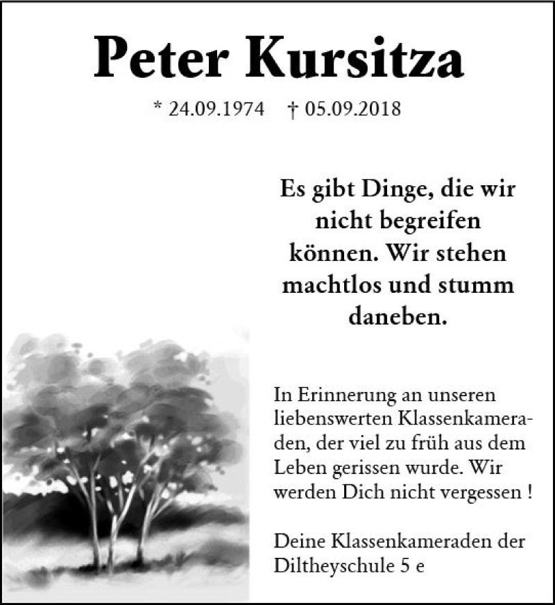  Traueranzeige für Peter Kursitza vom 15.09.2018 aus vrm-trauer