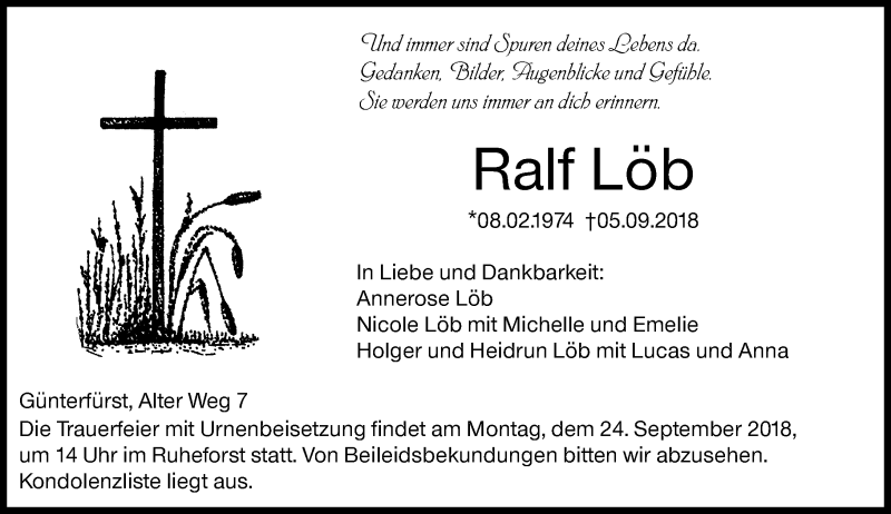  Traueranzeige für Ralf Löb vom 19.09.2018 aus vrm-trauer