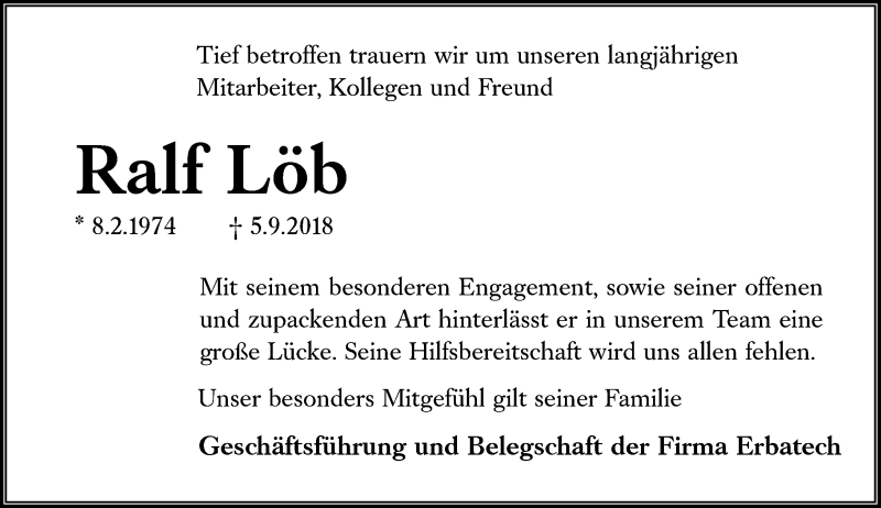  Traueranzeige für Ralf Löb vom 19.09.2018 aus vrm-trauer