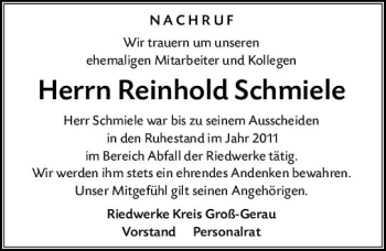 Traueranzeige von Reinhold Schmiele von vrm-trauer