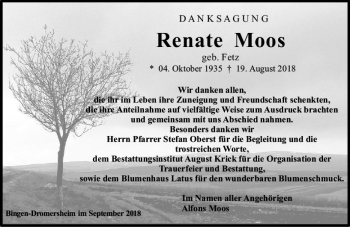 Traueranzeige von Renate Moos von vrm-trauer