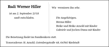 Traueranzeige von Rudi Werner Hiller von vrm-trauer