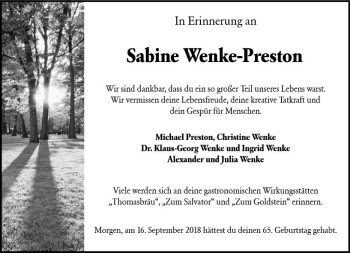 Traueranzeige von Sabine Wenke-Preston von vrm-trauer
