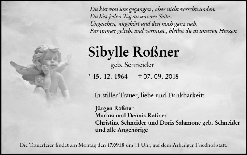  Traueranzeige für Sibylle Roßner vom 12.09.2018 aus vrm-trauer