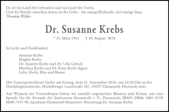 Traueranzeige von Susanne Krebs von vrm-trauer