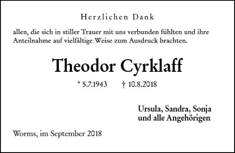  Traueranzeige für Theodor Cyrklaff vom 15.09.2018 aus vrm-trauer