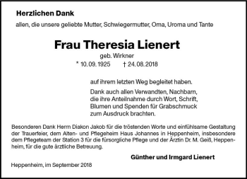 Traueranzeige von Theresia Lienert von vrm-trauer