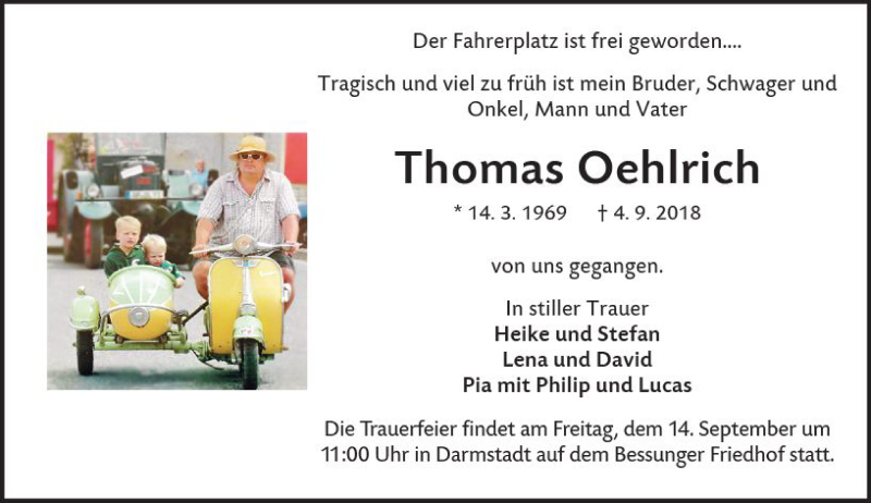  Traueranzeige für Thomas Oehlrich vom 08.09.2018 aus vrm-trauer