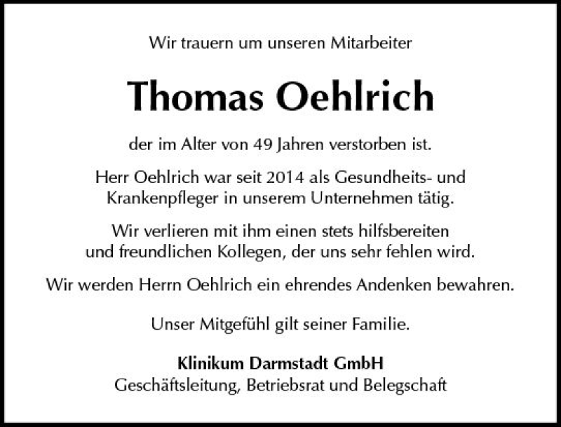  Traueranzeige für Thomas Oehlrich vom 15.09.2018 aus vrm-trauer