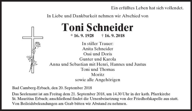  Traueranzeige für Toni Schneider vom 20.09.2018 aus  Camberger Anzeiger