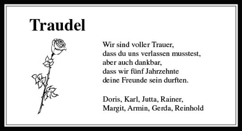  Traueranzeige für Traudel  vom 19.09.2018 aus  Gießener Anzeiger
