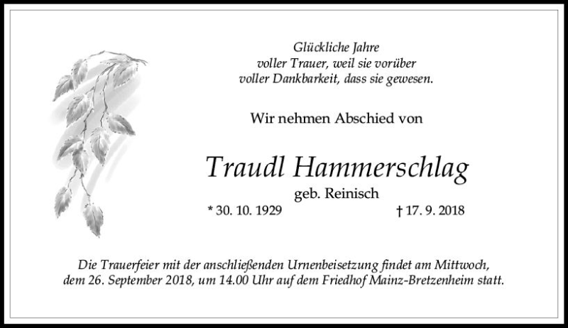  Traueranzeige für Traudl Hammerschlag vom 22.09.2018 aus vrm-trauer
