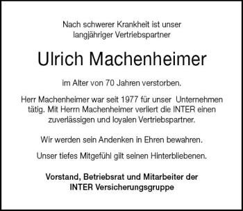 Traueranzeige von Ulrich Machenheimer von vrm-trauer
