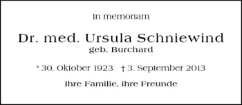 Traueranzeige von Ursula Schniewind von vrm-trauer