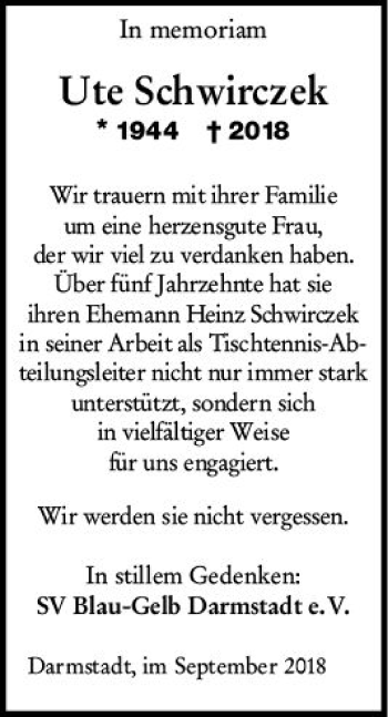 Traueranzeige von Ute Schwirczek von vrm-trauer