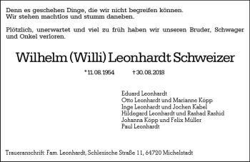 Traueranzeige von Wilhelm Leonhardt Schweizer von vrm-trauer
