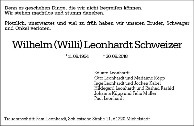  Traueranzeige für Wilhelm Leonhardt Schweizer vom 08.09.2018 aus vrm-trauer
