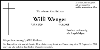 Traueranzeige von Willi Wenger von vrm-trauer