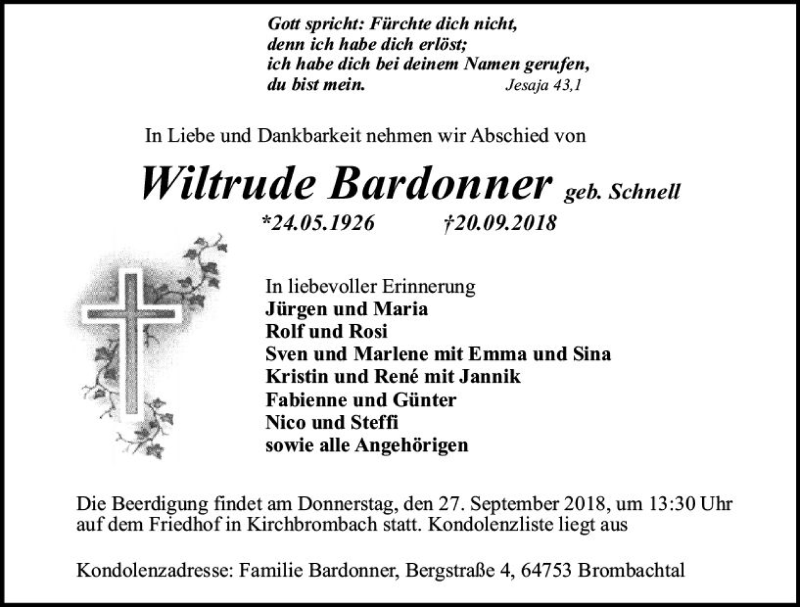  Traueranzeige für Wiltrude Bardonner vom 25.09.2018 aus vrm-trauer