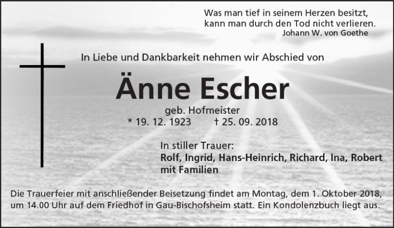  Traueranzeige für Änne Escher vom 29.09.2018 aus vrm-trauer