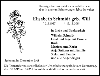 Traueranzeige von Elisabeth Schmidt von vrm-trauer