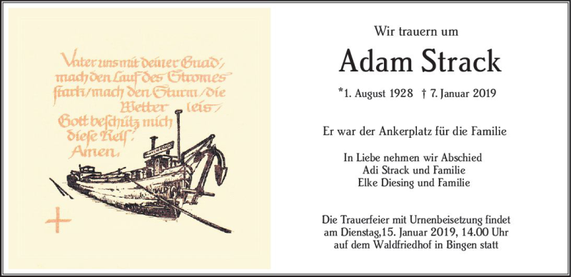  Traueranzeige für Adam Strack vom 11.01.2019 aus vrm-trauer