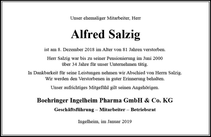  Traueranzeige für Alfred Salzig vom 10.01.2019 aus vrm-trauer