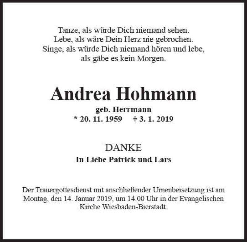  Traueranzeige für Andrea Hohmann vom 09.01.2019 aus vrm-trauer