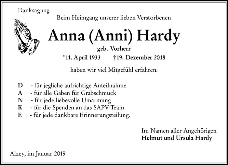  Traueranzeige für Anna Hardy vom 10.01.2019 aus vrm-trauer