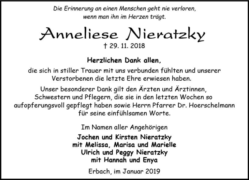  Traueranzeige für Anneliese Nieratzky vom 05.01.2019 aus vrm-trauer