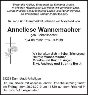 Traueranzeige von Anneliese Wannemacher von vrm-trauer