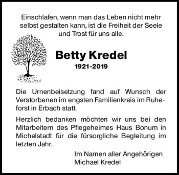 Traueranzeige von Betty Kredel von vrm-trauer