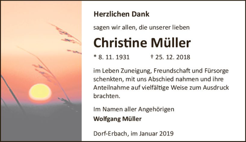  Traueranzeige für Christine Müller vom 26.01.2019 aus vrm-trauer