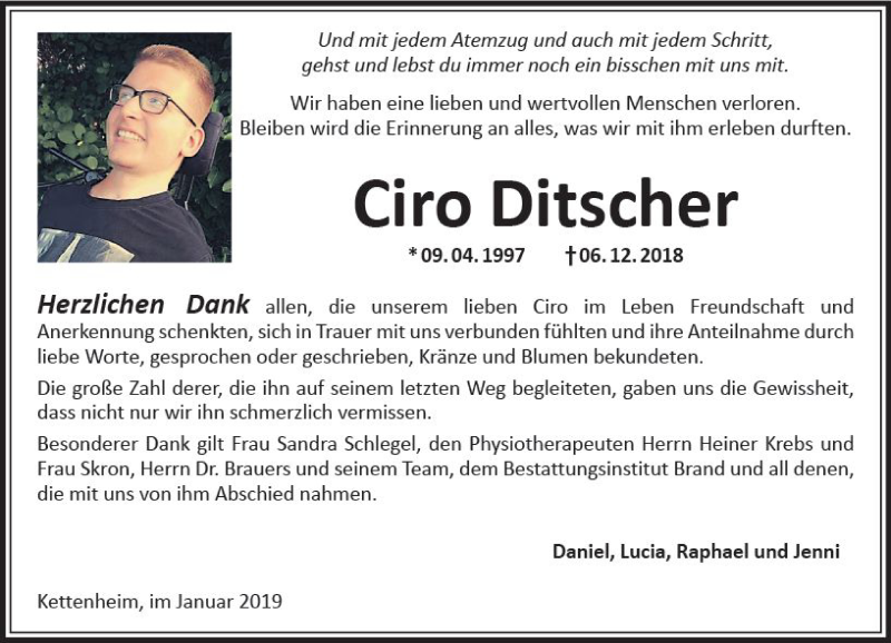  Traueranzeige für Ciro Ditscher vom 12.01.2019 aus vrm-trauer