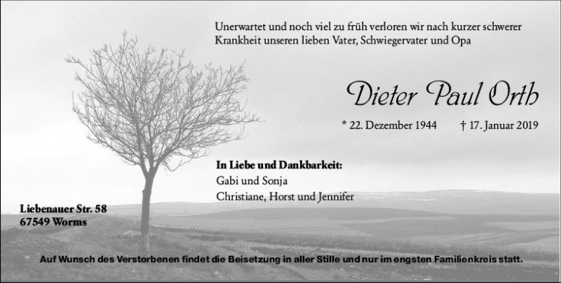  Traueranzeige für Dieter Paul Orth vom 19.01.2019 aus vrm-trauer