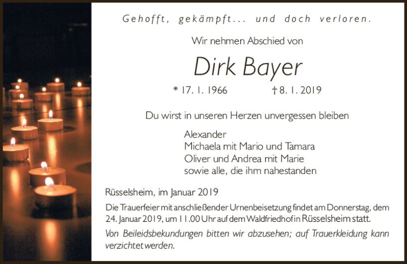  Traueranzeige für Dirk Bayer vom 19.01.2019 aus vrm-trauer