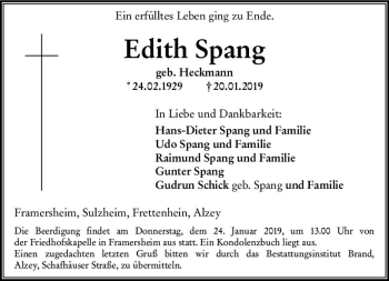 Traueranzeige von Edith Spang von vrm-trauer