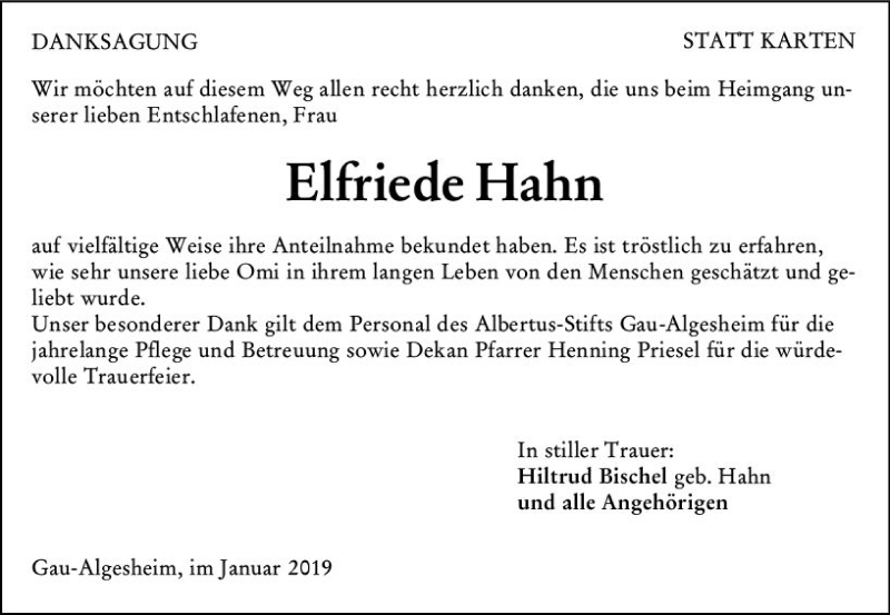  Traueranzeige für Elfriede Hahn vom 02.01.2019 aus vrm-trauer