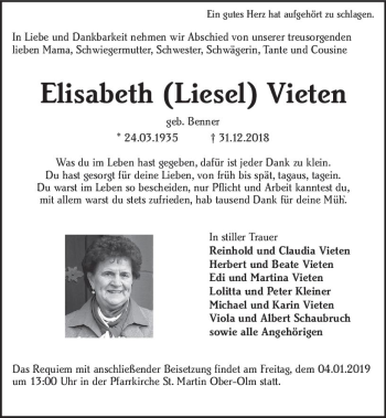 Traueranzeige von Elisabeth Liesel Vieten von vrm-trauer